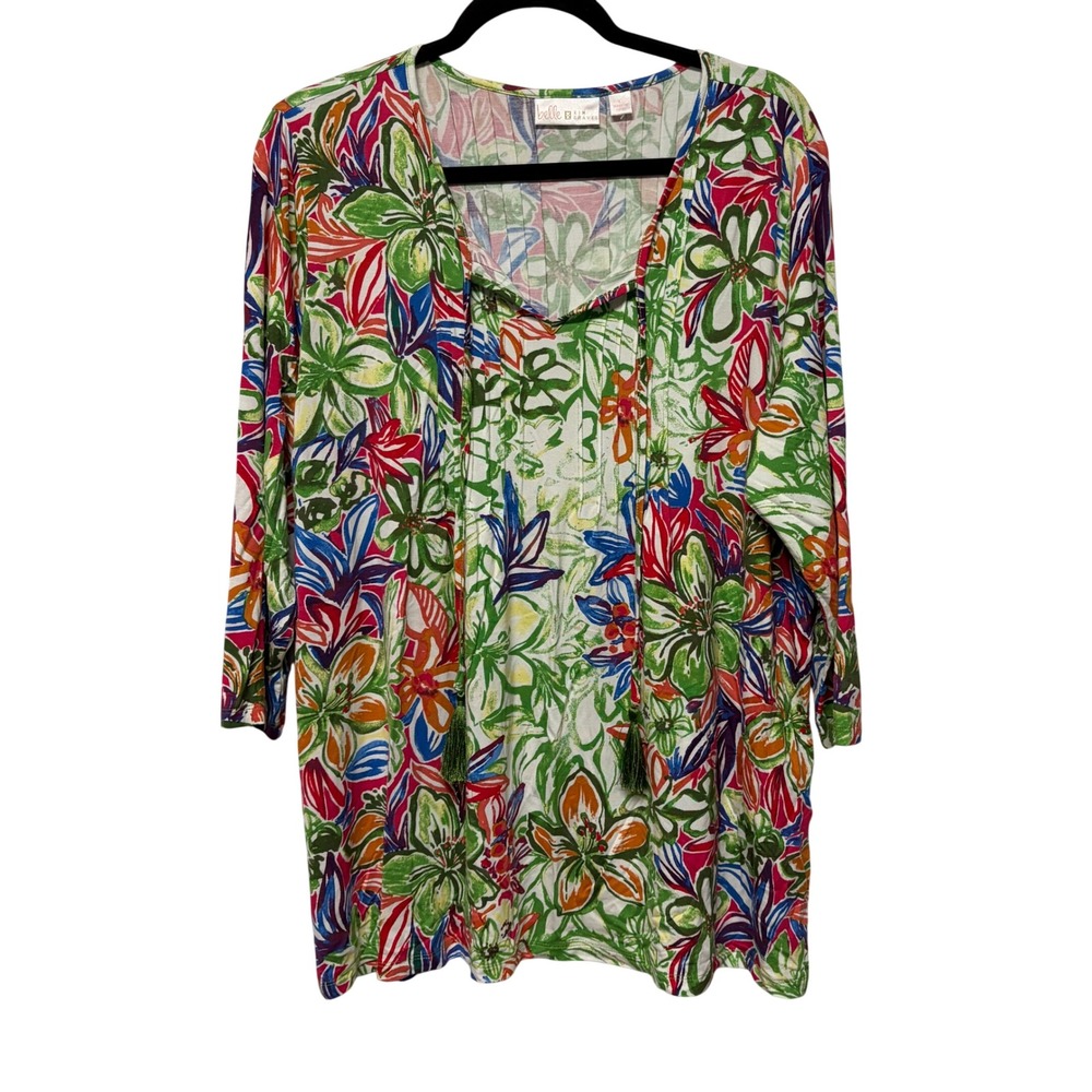 Belle by Kim Gravel Floral Pintuck Tassel Tunic Top 3/4 Sleeve Multicolored L